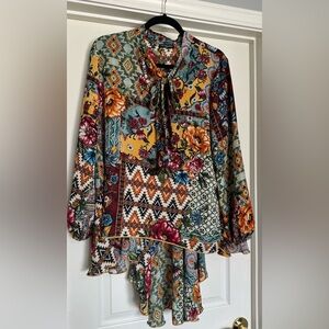 Floral Patchwork Hi-Low Blouse with Tie Neck